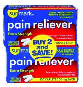 Sunmark Extra Strength Pain Reliever Caplets - 500 mg - 2 x 100 Tablets