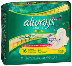 Always Ultra Thin Active Flexi-Wings Pads Regular Clean Scent - 16 EA