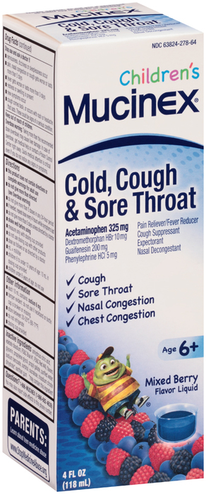 Mucinex Children's Cold, Cough & Sore Throat Liquid Mixed Berry Flavor - 4 OZ