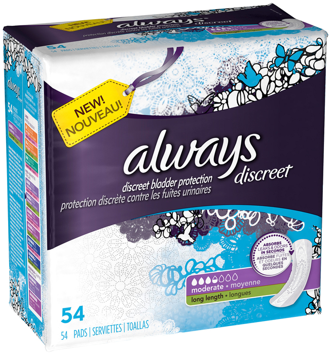 Always Discreet Pads Long Length Moderate Absorbency - 54 EA