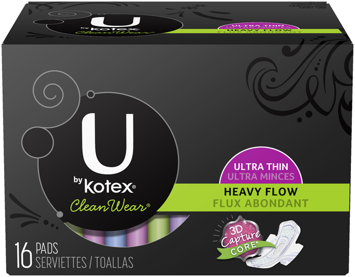 U by Kotex CleanWear Ultra Thin Pads with Wings, Heavy Flow, Unscented, 16  Count