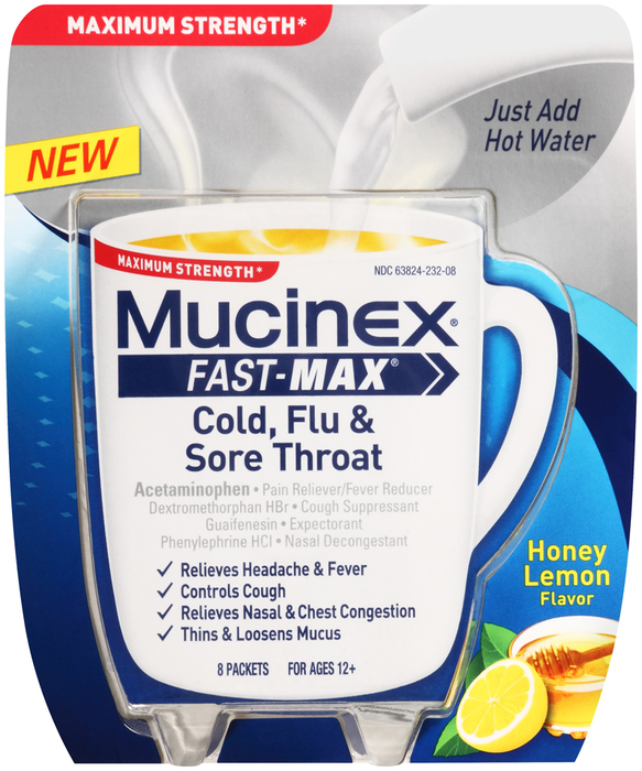 Mucinex Fast-Max Cold, Flu & Sore Throat Powder Packets Honey Lemon Flavor - 8 EA