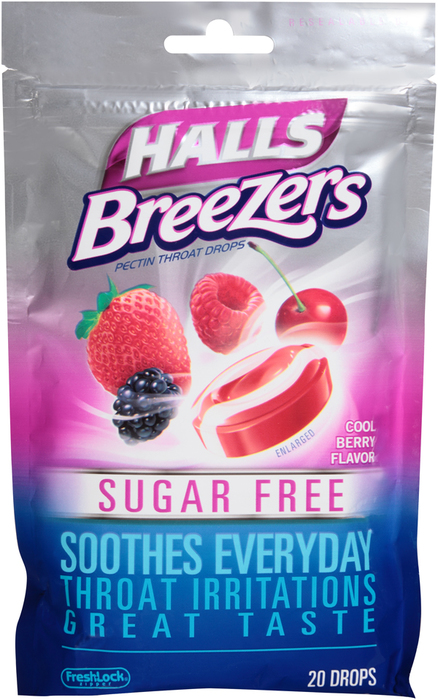 Halls Fruit Breezers Throat Drops Sugar Free Cool Berry - 20 EA