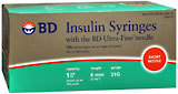 B-D Insulin Syringe Ultra Fine Short Needle 1cc - 100 Each.