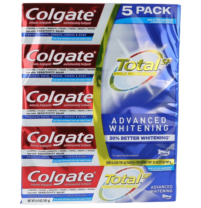 Colgate Total Advanced Whitening Toothpaste - 5 Pack (Five 6.4oz / 181g  Tubes)