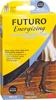 FUTURO Energizing Ultra Sheer Pantyhose For Women French Cut Lace Panty Mild Large Black