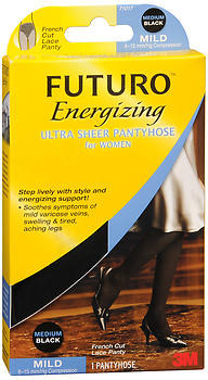 FUTURO Energizing Ultra Sheer Pantyhose For Women French Cut Lace Panty Mild Medium Black